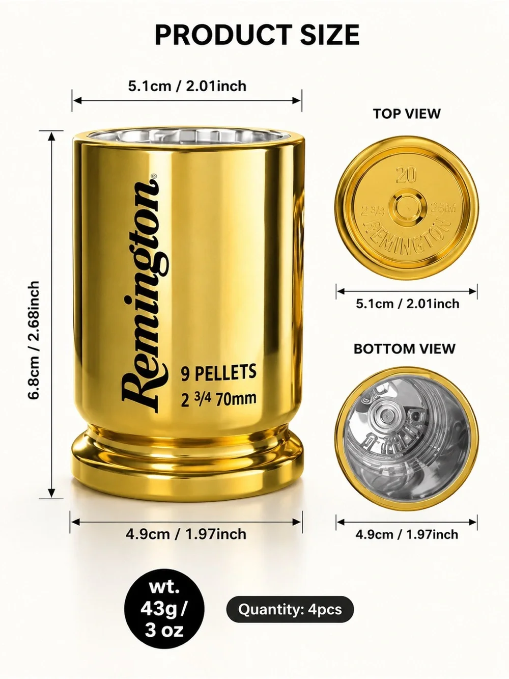 Remington Metallic Gold Shotglass Tumbler Set of 4 - Picture 2 of 2